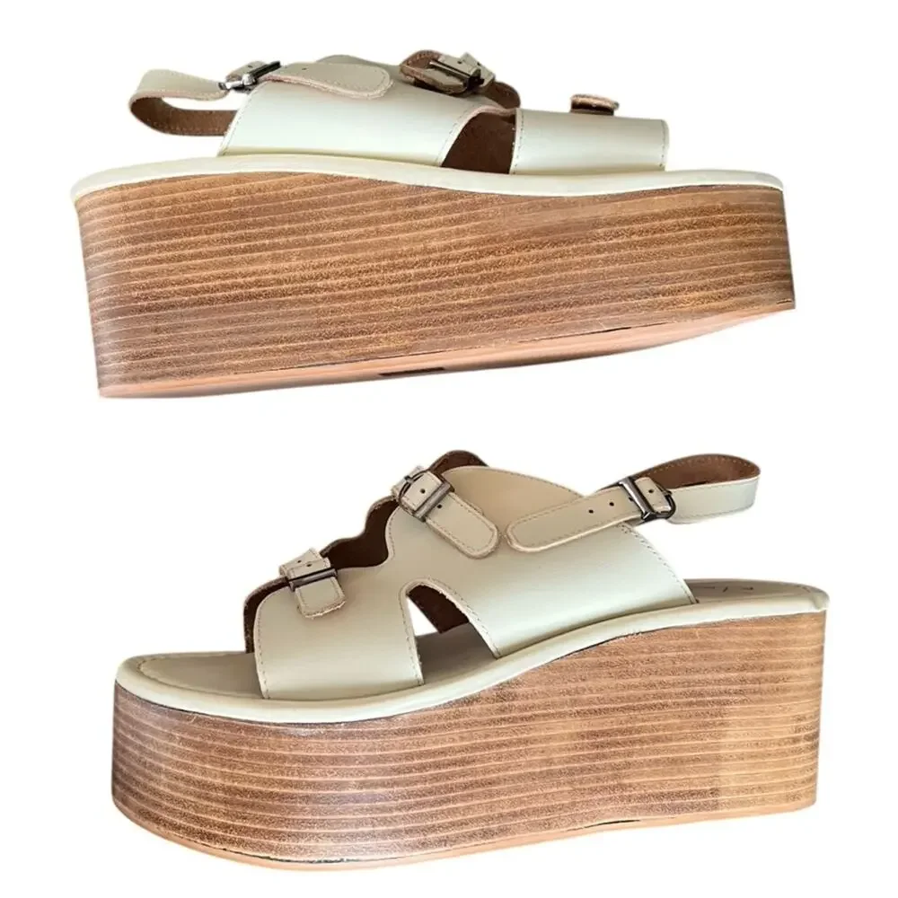 Anthropologie Women’s Buckle Tan Leather Open Toe Platform Sandals Wood Stack 41